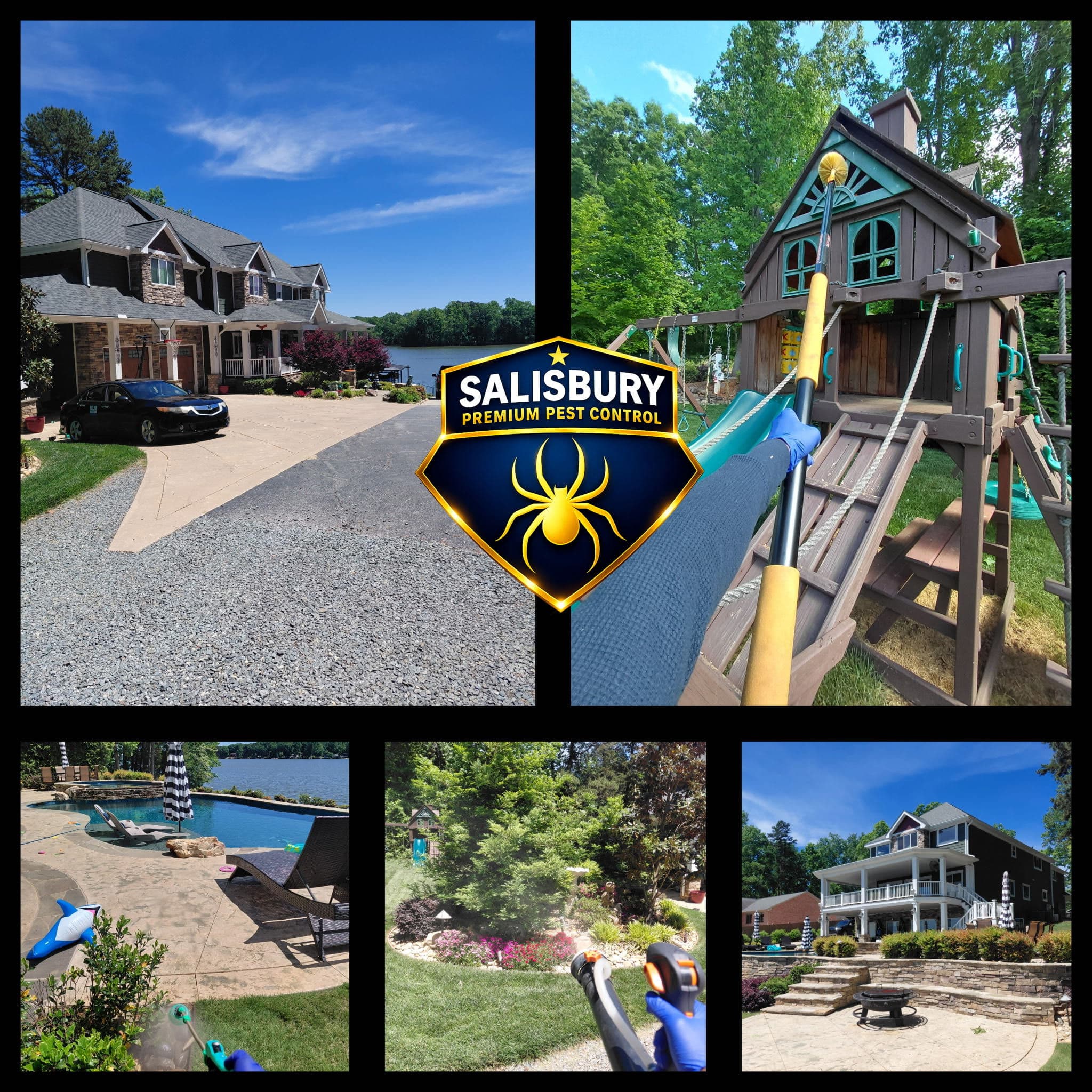 Lake-area Salisbury homes serviced by Salisbury Premium Pest Control — exterior, playset detailing, pool deck, landscape, and rear elevation