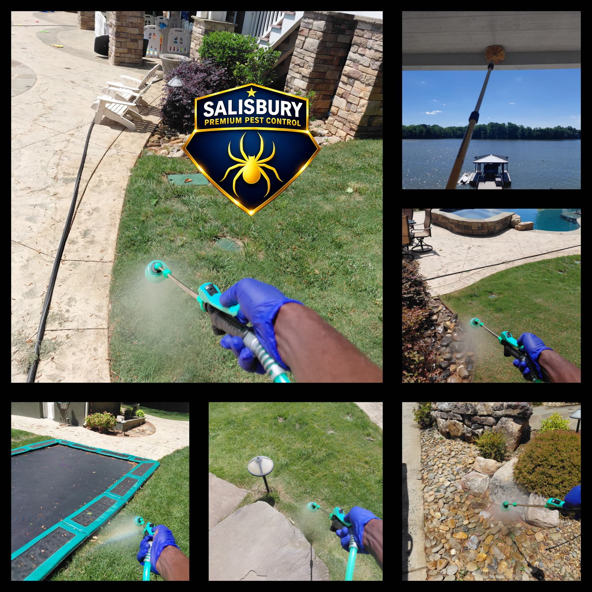 Salisbury Premium Pest Control technician applying targeted treatments to lawn, dock soffits, trampoline, walkway, and rock beds